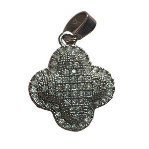 Vintage Silver Tone Pave Rhinestone Clover Pendant 0.75in Quatrefoil Charm